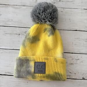 C.C Kids Yellow Gray Tie Dye Pom Beanie Winter Hat Soft Stretch Knit